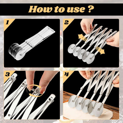 5 Wheel Stainless Steel Pizza Cutter with Double Wheel Dough Divider Expandable Multi Use Pastry Knife Baking Roller for Kitchen