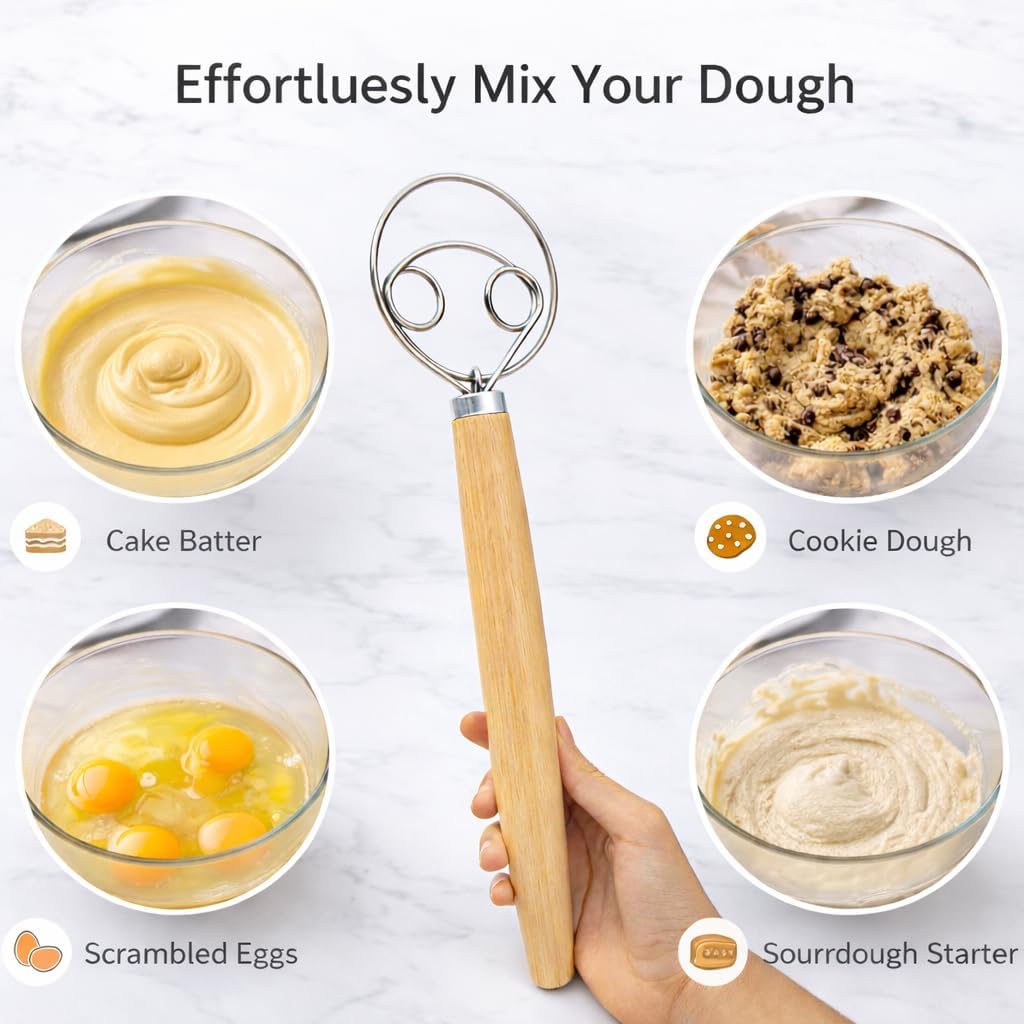 Danish Dough Whisk & Bread Lame Set for Sourdough Bread – Wooden Handle Dough Whisk Mixer and Bread Scoring Tool, Artisan Sourdough Baking Tools & Bread Baking Supplies