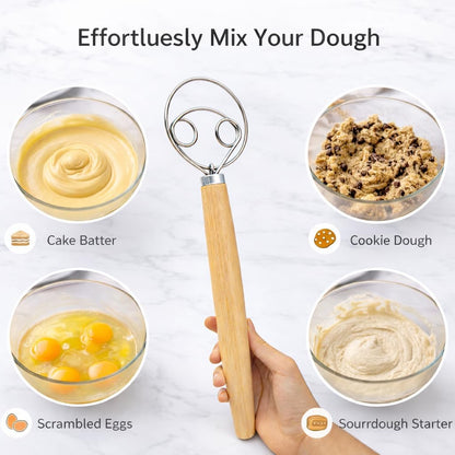 Danish Dough Whisk & Bread Lame Set for Sourdough Bread – Wooden Handle Dough Whisk Mixer and Bread Scoring Tool, Artisan Sourdough Baking Tools & Bread Baking Supplies