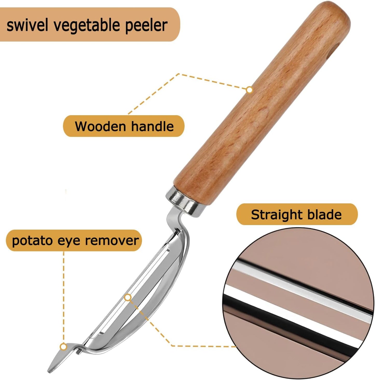 Vegetable Peeler, Stainless Steel Blade Potato Peeler with Wood Handle, Fruit Peeler for Carrot, Apple, Veggie, Kitchen Gadget for Easy Peeling