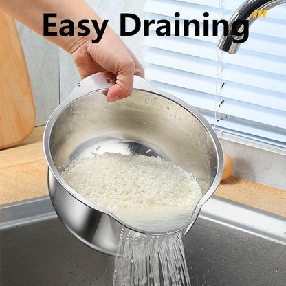 Lavvi Stainless Steel Rice Washing Bowl Versatile 3 in 1 Colander Strainer for Kitchen Vegetables Fruits Silver 9.84 in