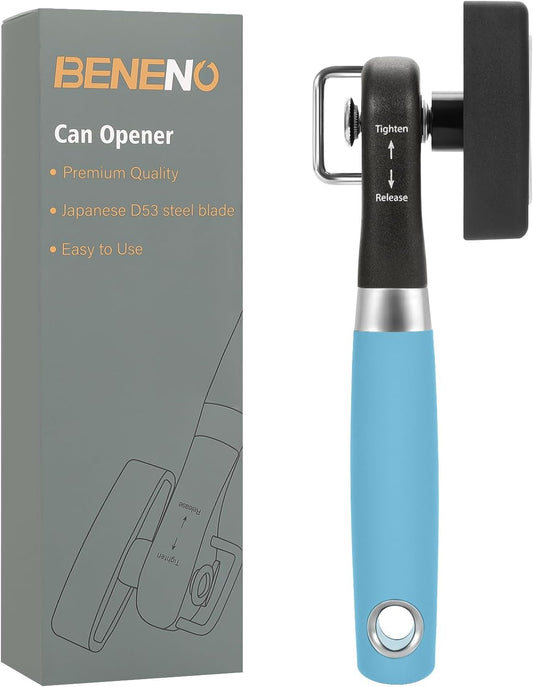 Beneno Can Opener, Manual Side Safe Cut Can Opener Smooth Edge with Durable Sharp Blade, Effort-Saving Knob & Comfortable Non-slip Handle, Brown