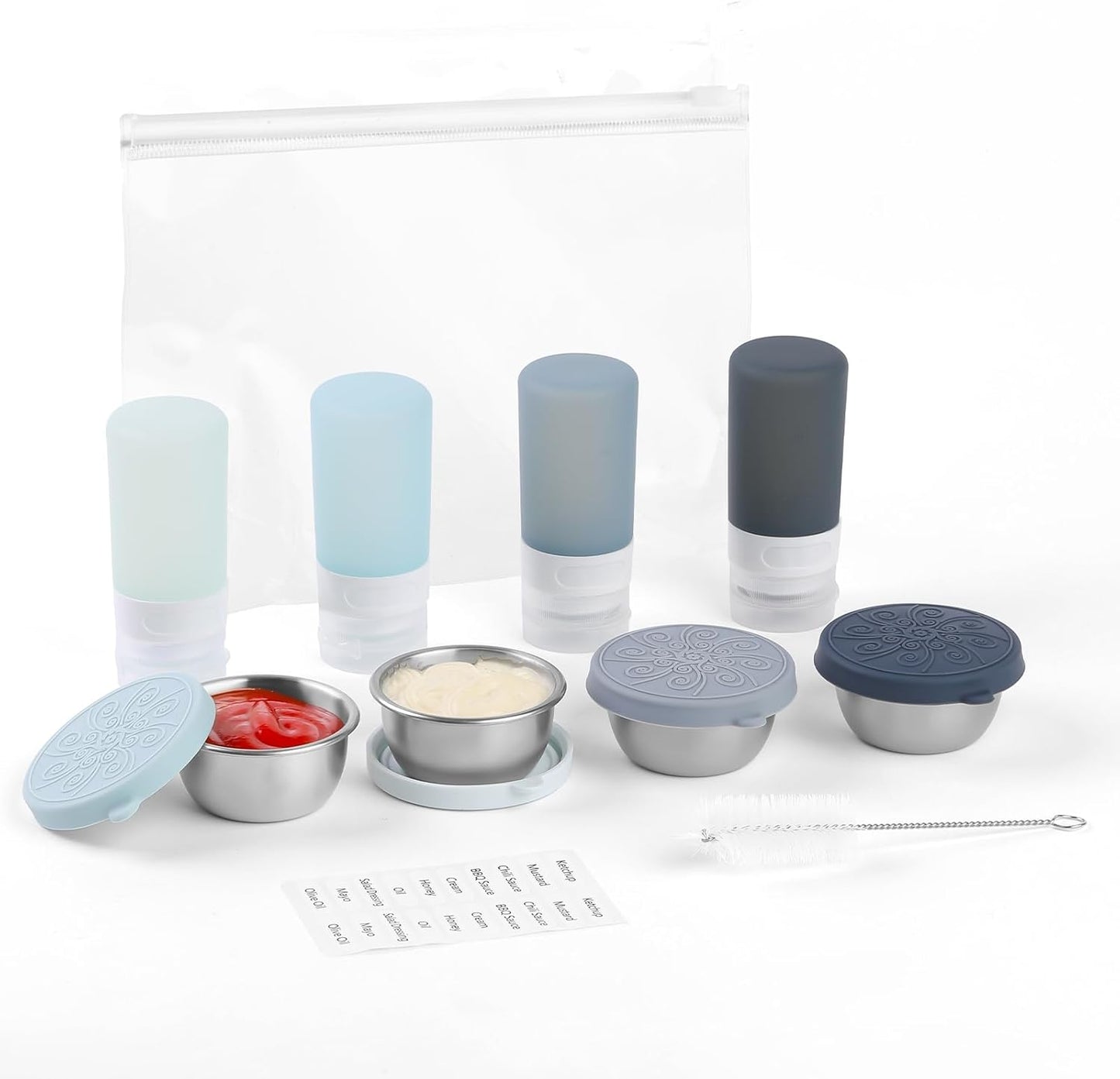 MICEBAY 8-Pack Salad Dressing Container To Go, 2-oz Silicone Small Condiment Squeeze Bottles and 1.6 oz Stainless Steel Sauce Containers Cups, Leakproof Condiment Containers with Lids for Lunch Box