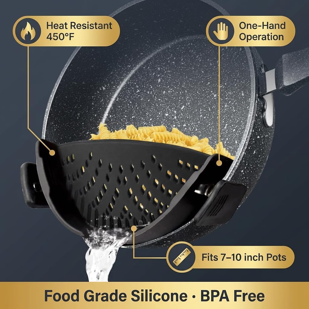 Clip-On Silicone Pot Strainer for Pots & Pans, Adjustable Heat-Resistant Pasta Drainer, Compact Kitchen Colander for Vegetables & Noodles (Grey)
