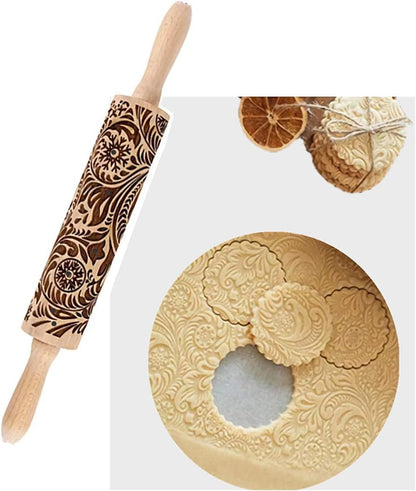 MIZORLIE 14.9"Paisley Engraved Embossed Rolling Pin, Christmas Snowflake Flower Pattern, Wooden Laser Engraved 3D Rolling Pin for Making Cookie Dough Crusts Pies Pastry