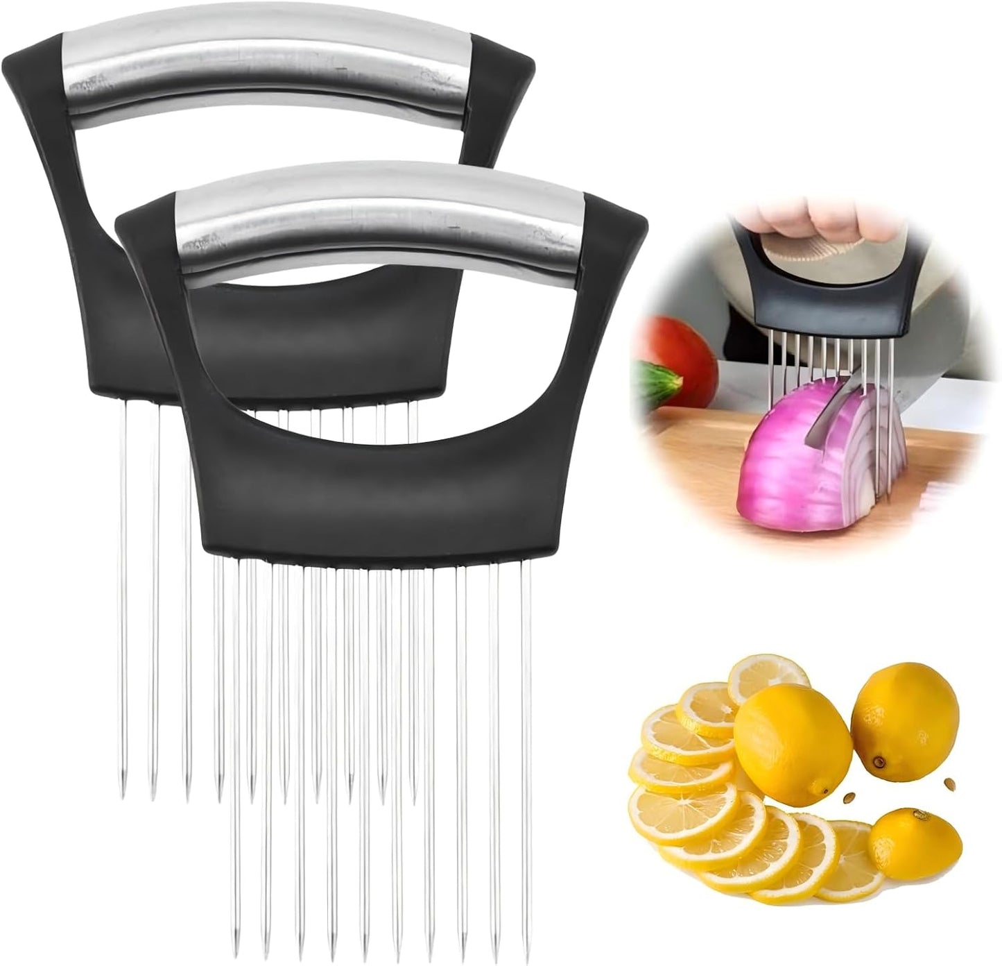 Onion Holder for Slicing, 2026 New Stainless Steel Slicer Onion Cutter for Slicing, Vegetable Cutter for Potato and Tomato, Lemon Avocados, Eggs, Onion Home Kitchen Tools (2 Pack)