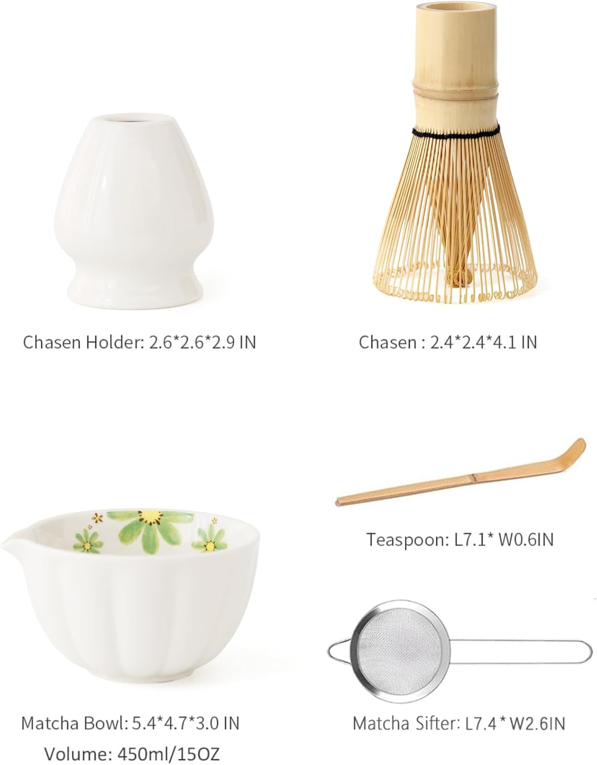 TANG PIN Matcha Set - Match Bowl and Whisk, 15 OZ, Matcha Scoop | Matcha Whisk Stand (Chasen Holder) - 4pc Perfect Matcha Kit for Matcha Tea Ceremony (Mottled Green)
