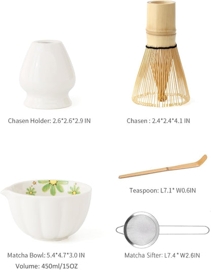 TANG PIN Matcha Set - Match Bowl and Whisk, 15 OZ, Matcha Scoop | Matcha Whisk Stand (Chasen Holder) - 4pc Perfect Matcha Kit for Matcha Tea Ceremony (Mottled Green)