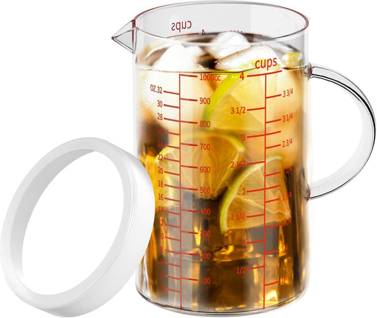 77L Glass Measuring Cup, 4-Cup/1000 ML Liquid Measuring Cups, Measuring Cup With Handle and V-Shaped Spout, Glass Beaker with Three Scales (OZ, Cup, ML), Dishwasher/Freezer/Microwave Safe