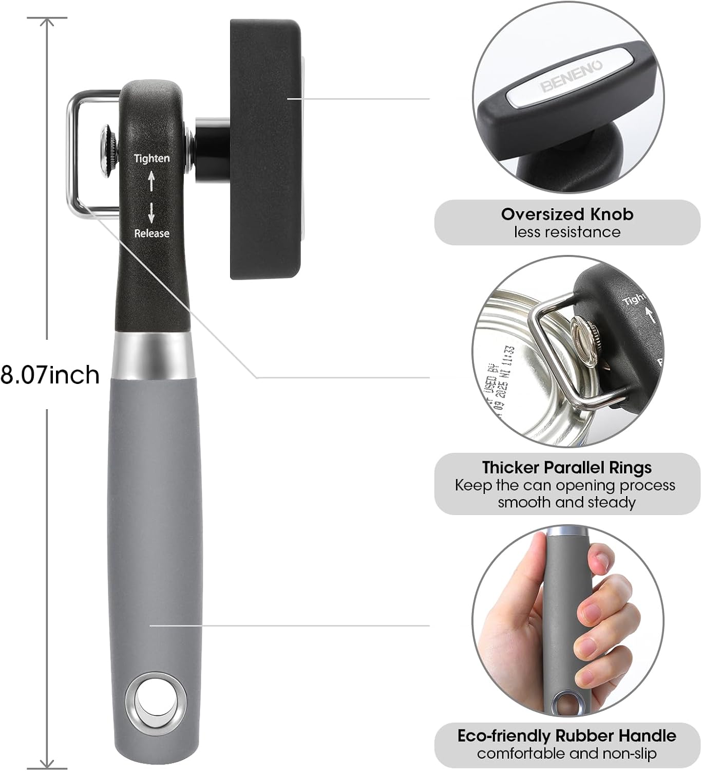 Beneno Can Opener, Manual Side Safe Cut Can Opener Smooth Edge with Durable Sharp Blade, Effort-Saving Knob & Comfortable Non-slip Handle, Brown