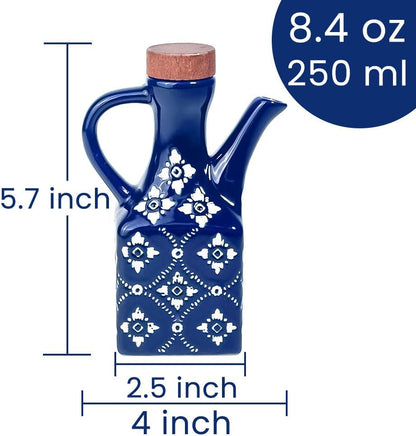 Ceramic Olive Oil Dispenser Bottle, 8.5 oz Decanter for Kitchen with Handle & Wooden Stopper, Green Decorative Oil and Vinegar Dispenser Set, Cooking Oil Container Cruet for Olive, Avocado, Vinegar