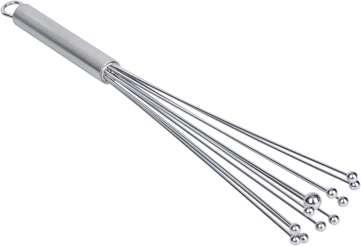 Restaurantware 10.5 in Stainless Steel Ball Whisk - German Standard Egg Beater with Ergonomic Handle, Dishwasher Safe - Manual Mixer Cooking Whisk for Baking, Stirring, Sauces, Beating