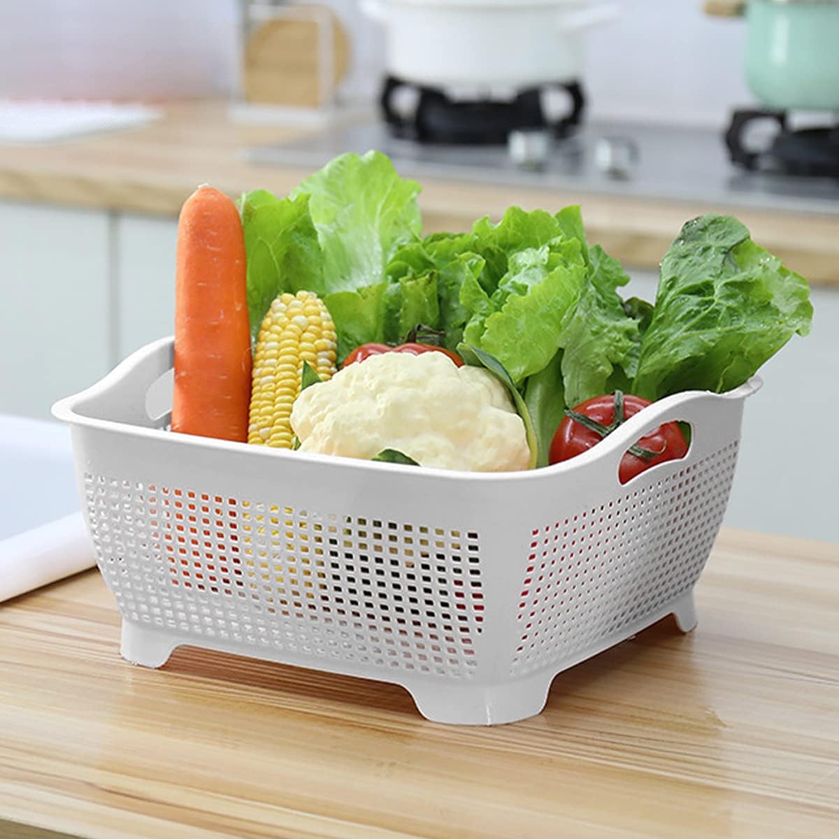 Double-layer Plastic Fruits Vegetable Washing Basket Food Storage Multi-layer Stackable Vegetable Sinks Wash Drain Basket for Kitchen (White)
