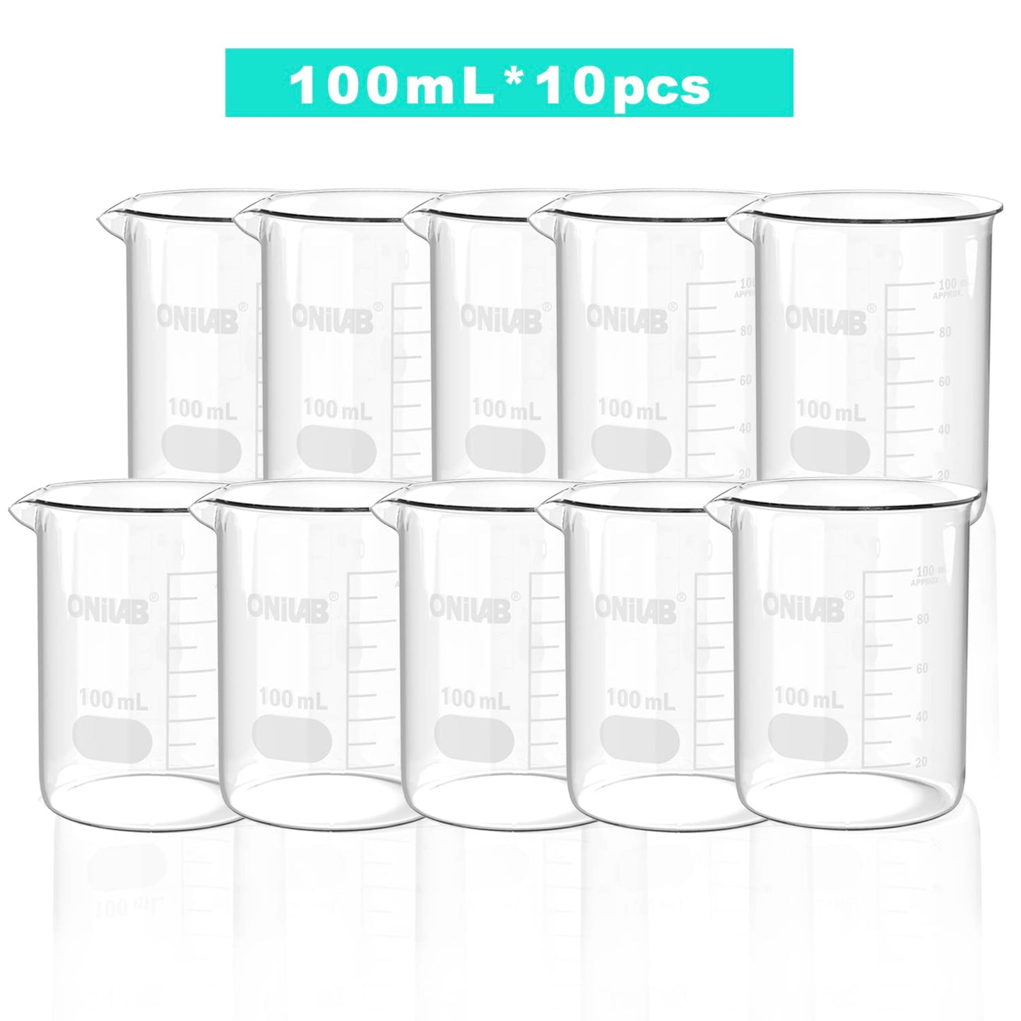ONiLAB Glass Measuring Beaker Set 50ml 100ml 250ml 500ml 1000ml(Pack of 5) 3.3 Boro Griffin Low Form with Printed Graduation Scientific Glassware for Laboratories, Classrooms or Home Use