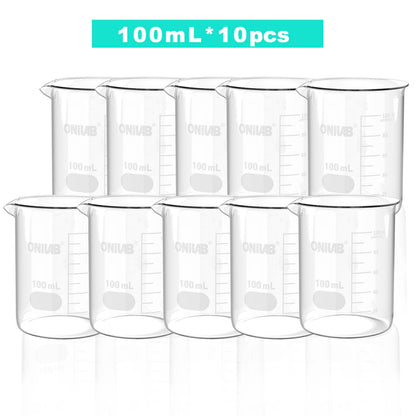 ONiLAB Glass Measuring Beaker Set 50ml 100ml 250ml 500ml 1000ml(Pack of 5) 3.3 Boro Griffin Low Form with Printed Graduation Scientific Glassware for Laboratories, Classrooms or Home Use