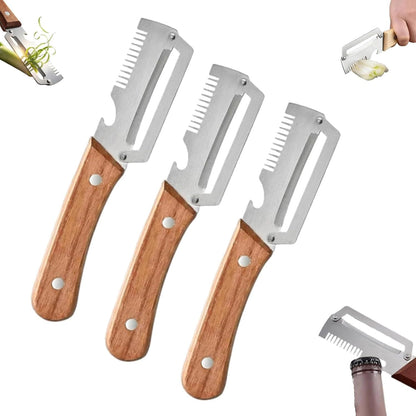 3 in 1 peeler and slicer tool, Serrated Peeling Knife Premium Vegetable Peeler, Multi-function Stainless Steel Thickened Fruit PeelersWooden Handle and Bottle Opener for Fruits and Vegetables (1)