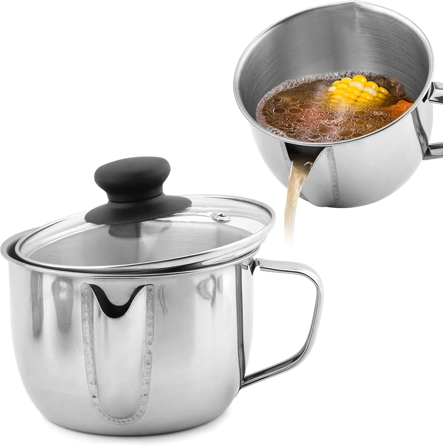Stainless Steel Fat Separator with Strainer & Glass Lid, 1000ml Gravy Grease Separator for Soup, Stew, and Sauces,Two-Way Outlet, Multi-Use Kitchen Essential