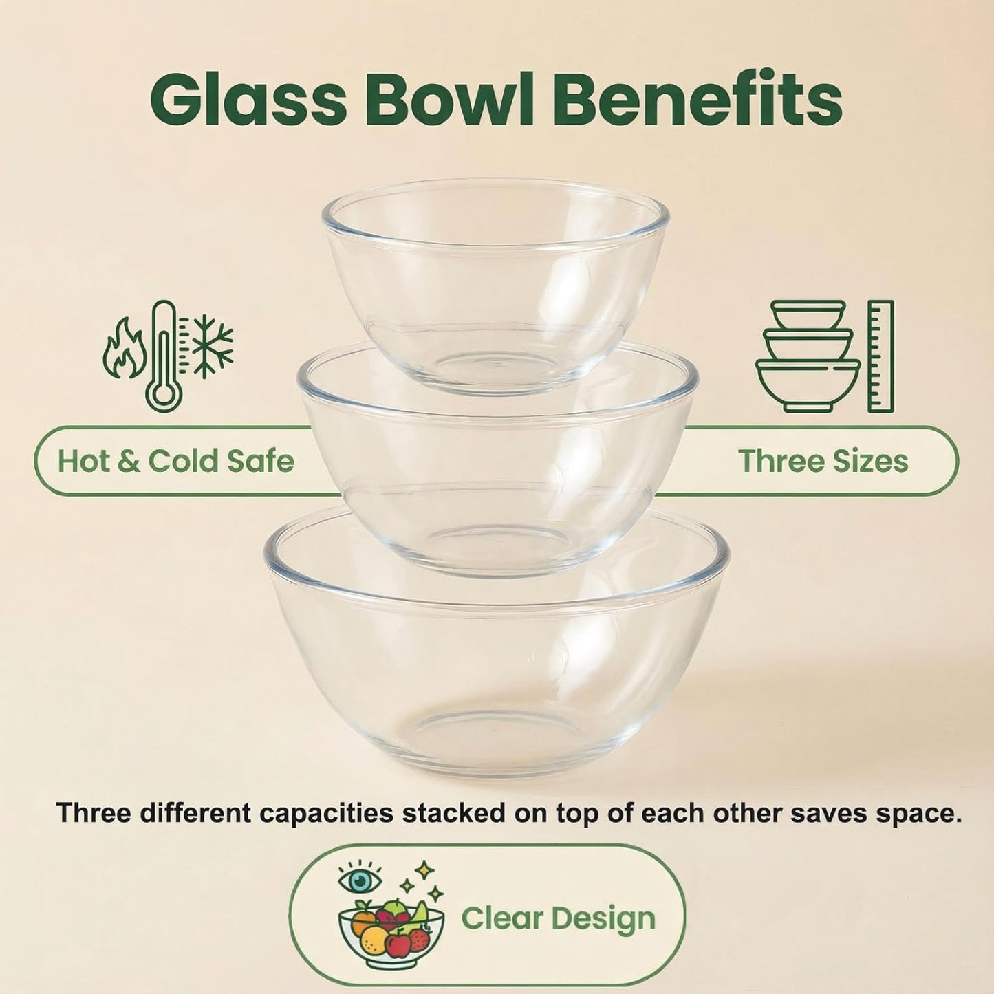 Borosilicate Glass Mixing Bowls, Set of 3 (2.8, 2.2, 1.1QT) - Heavy-Duty, Scratch Resistant & Lead-Free. Oven, Microwave, Dishwasher & Freezer Safe. Ideal for Meal Prep, Baking, Serving.