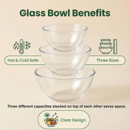 Borosilicate Glass Mixing Bowls, Set of 3 (2.8, 2.2, 1.1QT) - Heavy-Duty, Scratch Resistant & Lead-Free. Oven, Microwave, Dishwasher & Freezer Safe. Ideal for Meal Prep, Baking, Serving.