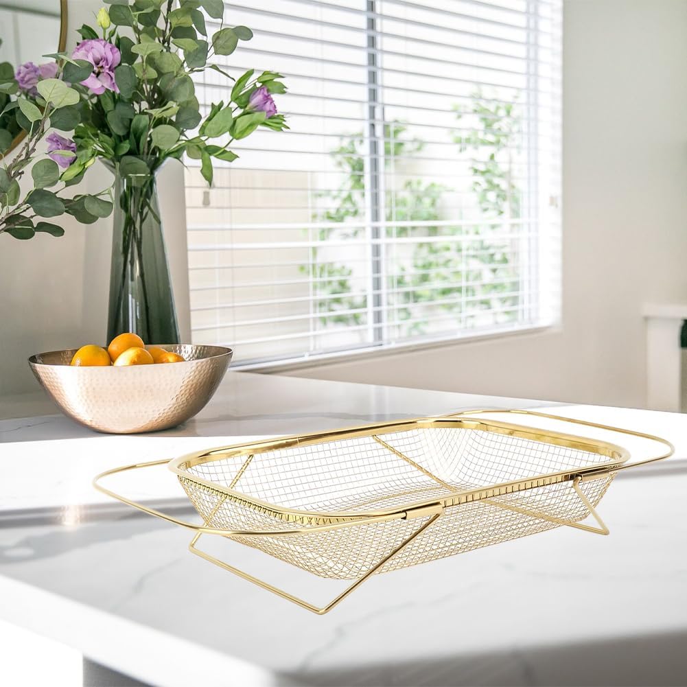 Over the Sink Colander, Expandable Baskets with Fine Mesh Strainer Handle Stainless Steel Rectangle Kitchen Colanders for Strain Drain Rinse Fruits Vegetables Pasta New Home Essentials (Gold)