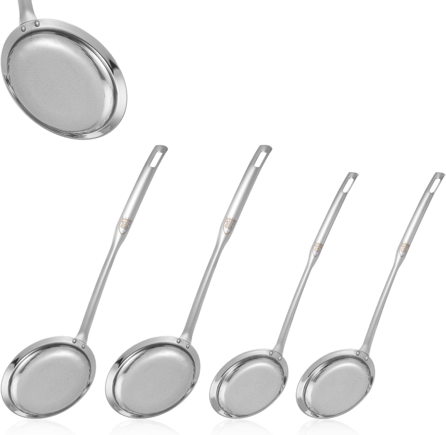 Stainless Steel Fine Mesh Strainer Set of 4, 2 Sizes Fine Mesh Kitchen Sieve for Cooking, Long Handle Food Strainer Skimmer Spoon Grease Separator