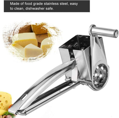 Stainless Steel Single Drum Rotary Cheese Grater, Multipurpose Rotary Cheese Grater with 3 Different Rotatable Drums for Parmesan, Mozzerella, Vegetables and More
