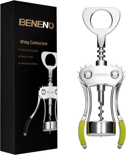 Beneno Wine Opener, Zinc Alloy Premium Wing Corkscrew with Multifunctional Bottles Opener, Sharp Wine Corkscrew with Ergonomic Non-Slip Wing Handle, Silver