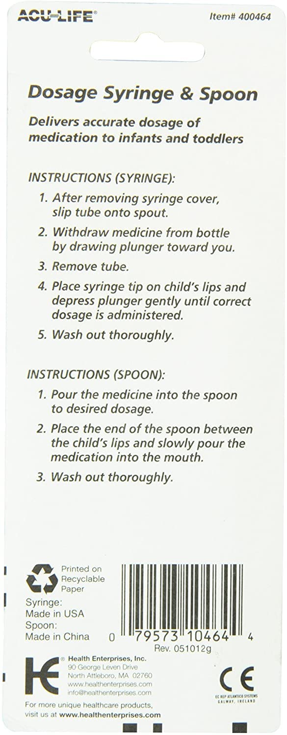 Acu-Life Teaspoon Dosage Spoon, Delivers Accurate Dosage, Easy to Read, Medical-Grade Measuring Spoon, 2 TSP/10 ml, BPA Free