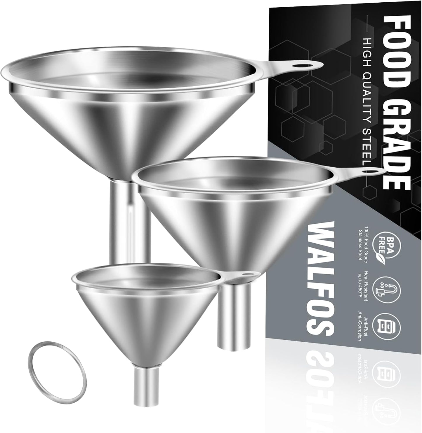 Stainless Steel Funnel, Walfos 3 Pack Kitchen Funnel with 2 Removable Strainer ＆ 1Pcs Cleaning Brush, Perfect for Transferring of Liquid, Oils, Jam, Dry Ingredients & Powder
