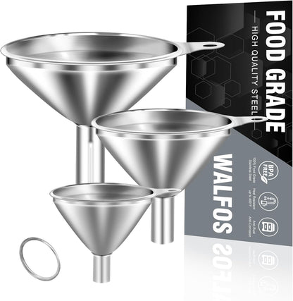Stainless Steel Funnel, Walfos 3 Pack Kitchen Funnel with 2 Removable Strainer ＆ 1Pcs Cleaning Brush, Perfect for Transferring of Liquid, Oils, Jam, Dry Ingredients & Powder