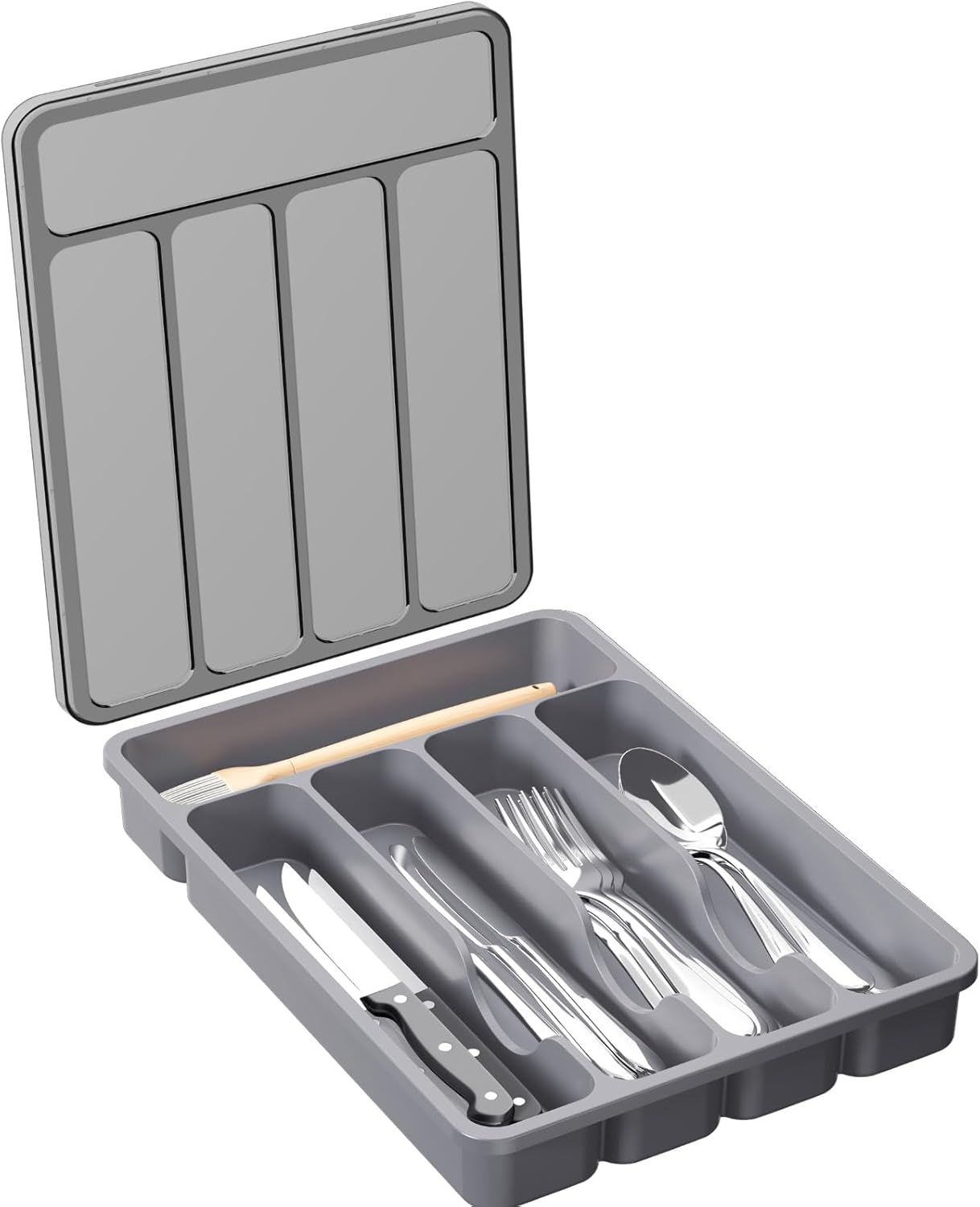 Lifewit Silverware Organizer with Lid, Covered Utensil Tray for Kitchen Drawer and Countertop, Plastic Cutlery and Flatware Storage Box for Spoons Forks Knives Holder Case, 12.6x11.8", Gray