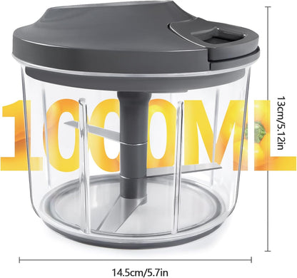 LHS Manual Food Processor Large Vegetable Chopper, 1000ML Pull String Chopper Garlic Mincer Onion Cutter for Veggies,Salad,Fruits, Nuts, BPA Free, Black