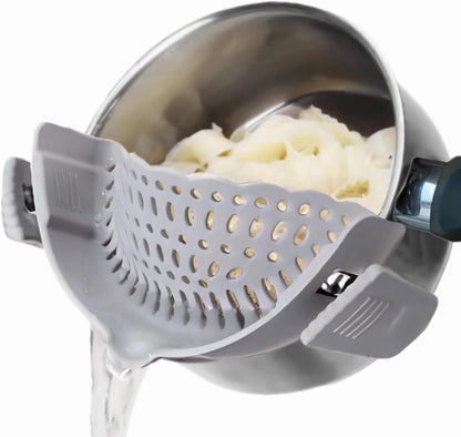 Clip On Strainer Silicone for All Pots and Pans, Pasta Strainer Clip on Food Strainer for Meat Vegetables Fruit Silicone Kitchen Colander (Grey)