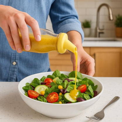 kitchentoolz Salad Dressing Shaker Bottle – 12oz Carafe Glass Bottle with Silicone Pour Spout and Tamper-Proof Lid for Sauces and Marinades - Salad Dressing Dispenser Container