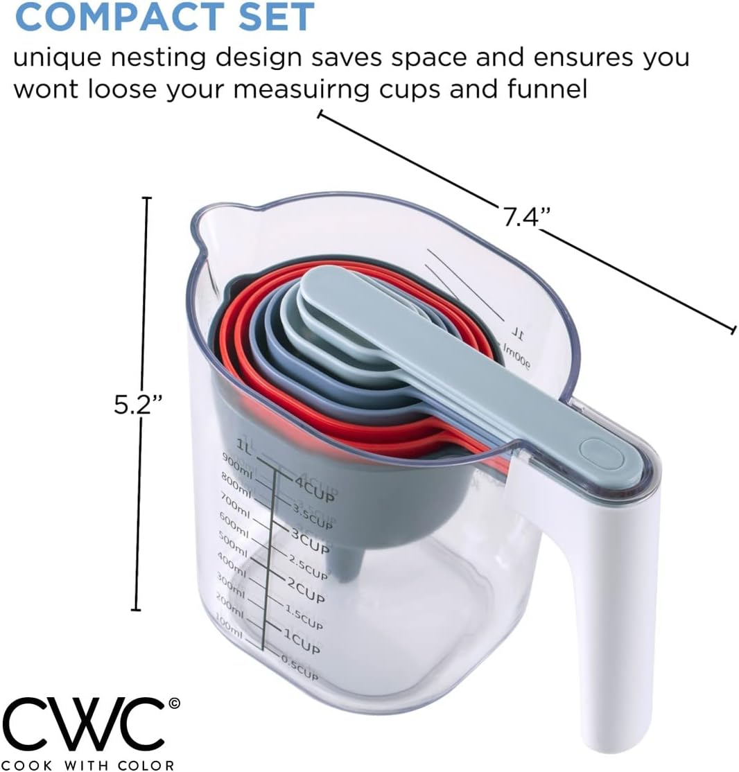 COOK WITH COLOR Measuring Cup Set - 9 PC. Nesting Stackable Liquid Measure Cup, Dry Measuring Cups and Spoons with Funnel and Scraper (Pastel)