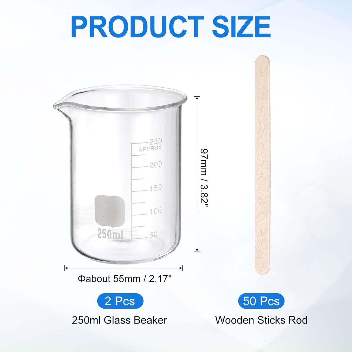 PATIKIL 250ml Glass Beaker, 2 Pack Measuring Glass Beaker Graduated Borosilicate Lab Cups Mug Low Form Heat Safe Transparent with 50pcs Wood Sticks for Laboratory Science Kitchen Liquids