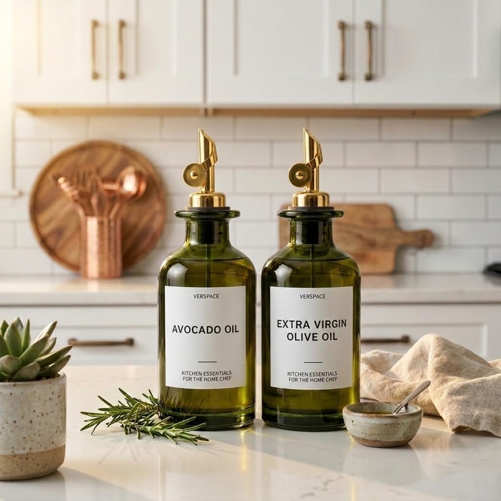 Verspace UV-Protected Green Glass Olive Oil Dispenser Bottles For Kitchen - 2 Pack - 12oz Includes 40 Kitchen Essential Labels, Avocado Oil Dispenser Set, Modern Decor for Home, Airbnb, Cafe