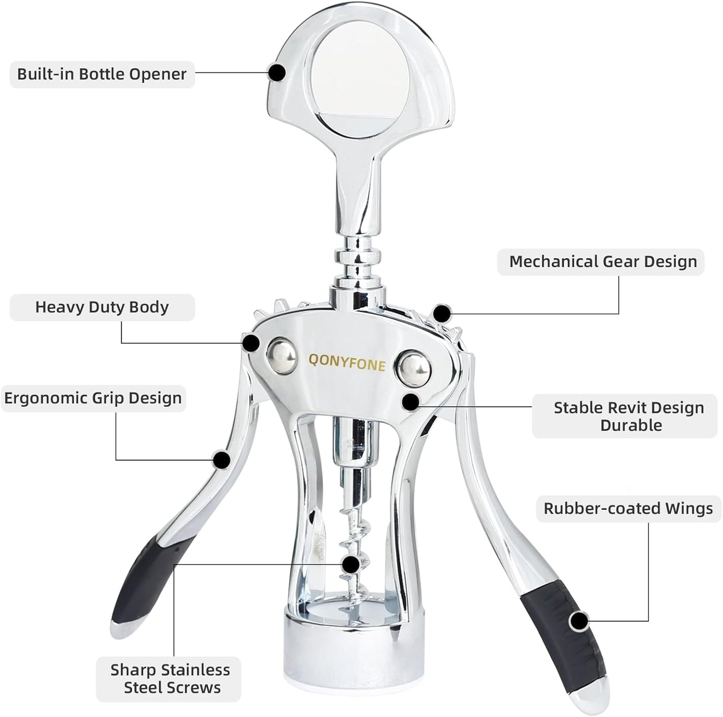 Wing Corkscrew Wine Opener, Premium Zinc Alloy Manual Bottle Opener, Heavy Duty Multifunctional Tool for Kitchen, Bar, Restaurant & Waiters (Silver)