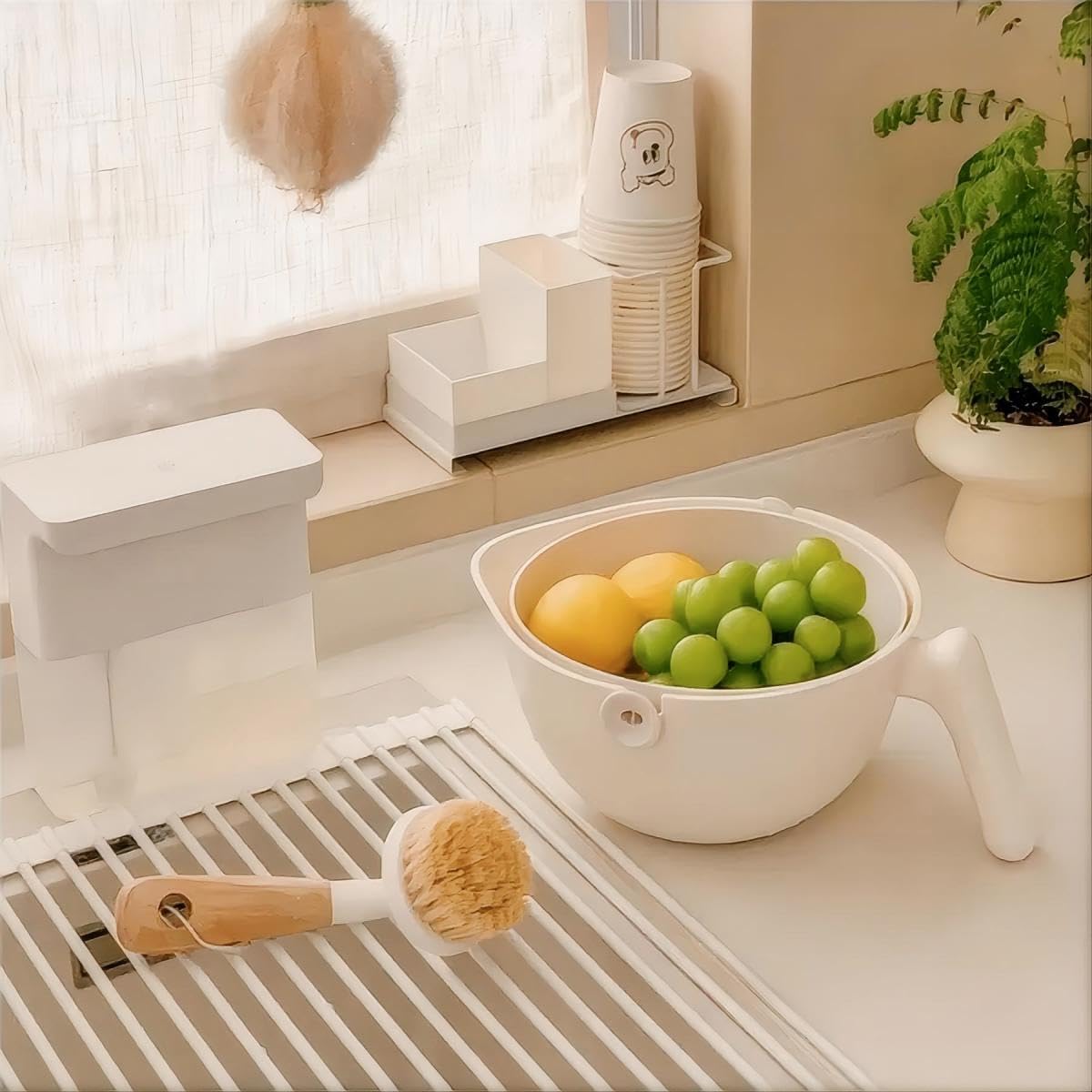 2-1 Kitchen Colander Rotating Washing Basket with Handle - Pasta Strainer - Fruit Washing Bowl with Strainer - Fruit Rinser Container (Avocado Green)