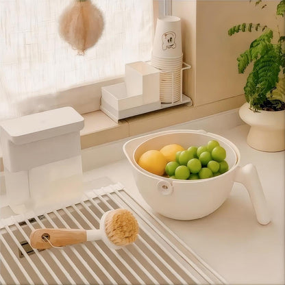 2-1 Kitchen Colander Rotating Washing Basket with Handle - Pasta Strainer - Fruit Washing Bowl with Strainer - Fruit Rinser Container (Avocado Green)