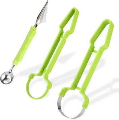 Melon Baller Scoop Set, Stainless Steel 3-in-1 Durable Melon Baller Scooper Tool Practical Kitchen Gadget Kit for Watermelon Cantaloupe Dragon Fruit Cutter