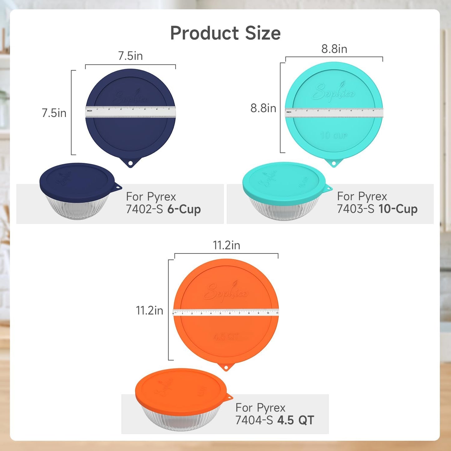 SOPHICO Silicone Replacement Lids for Pyrex Sculpted Glass & Tinted Glass Bowls Mixing Bowls（4 size）