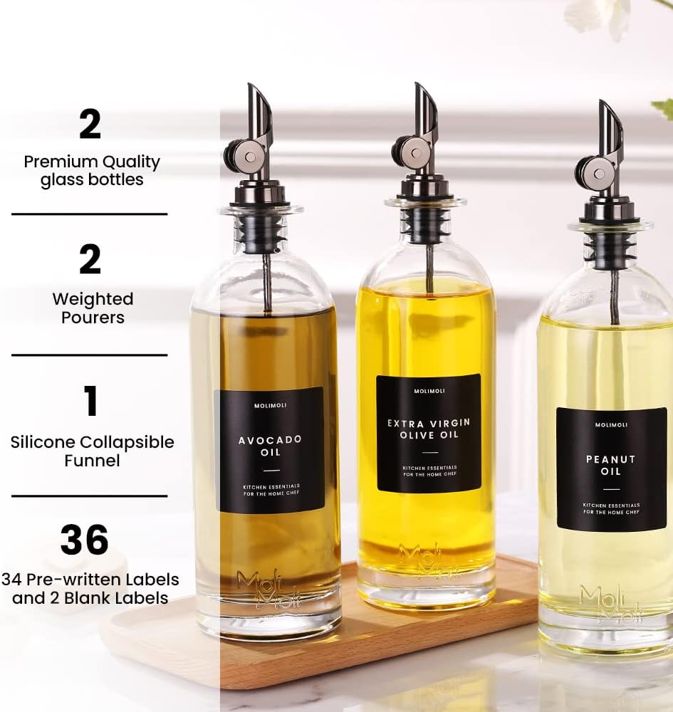 Molimoli - Premium Olive Oil Dispenser Bottles for Kitchen with Pourer - Oil and Vinegar Dispenser Set, Glass Dispenser for Kitchen, Dispenser Bottle of 350ml - Set of 2