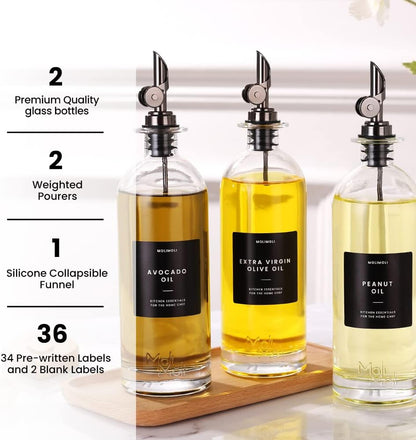 Molimoli - Premium Olive Oil Dispenser Bottles for Kitchen with Pourer - Oil and Vinegar Dispenser Set, Glass Dispenser for Kitchen, Dispenser Bottle of 350ml - Set of 2
