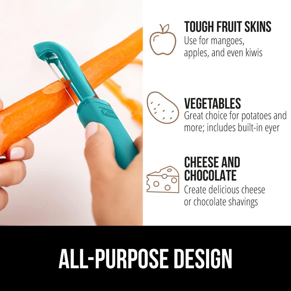 GORILLA GRIP® Patented BPA-Free Vegetable Peeler, Extra Sharp Swivel Stainless Steel Blades with Guard, Comfortable Soft Handle, Easily Peel Carrots or Fruit, Potato Eye Remover, Washer Safe, Black