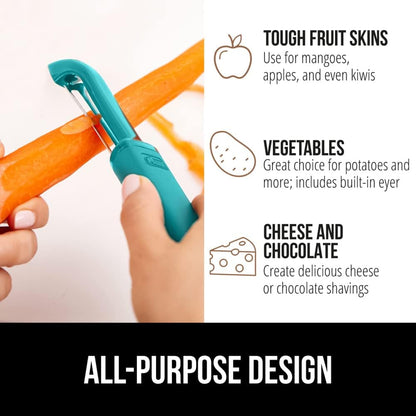 GORILLA GRIP® Patented BPA-Free Vegetable Peeler, Extra Sharp Swivel Stainless Steel Blades with Guard, Comfortable Soft Handle, Easily Peel Carrots or Fruit, Potato Eye Remover, Washer Safe, Black