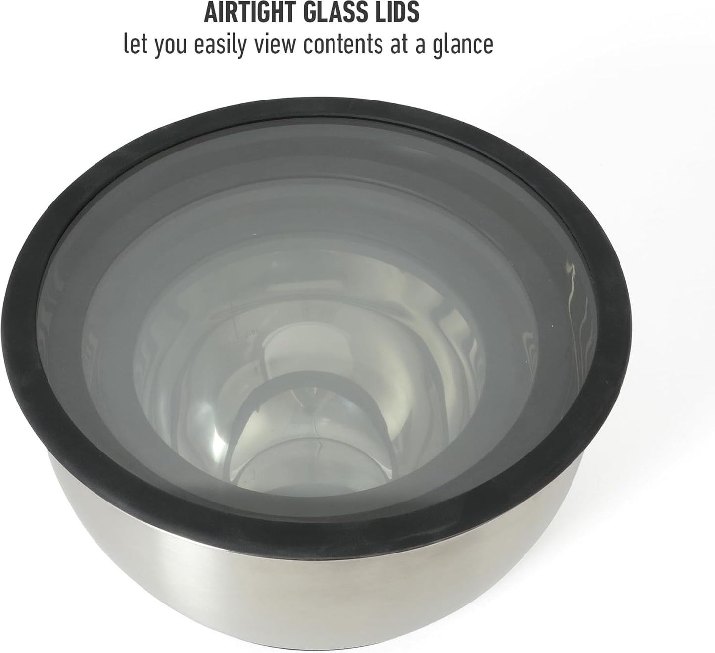 Calphalon Orbit 3 Piece Mixing Bowl Set with Acacia Wood Lids, Nesting Kitchen Mixing Bowls for Baking, Cooking, Meal Prep and Food Storage, Durable Design with Airtight Style Covers
