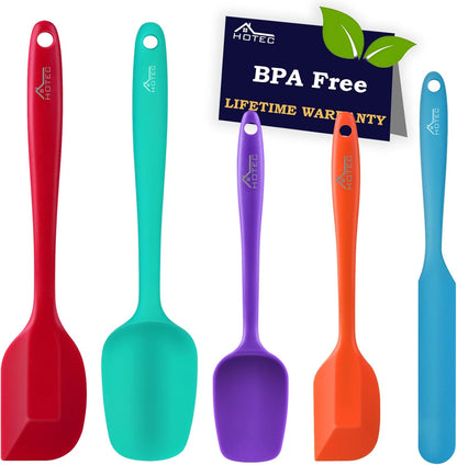 HOTEC 600℉ Heat Resistant BPA-Free Silicone Rubber Spatula Set,Kitchen Cooking Spatulas, Baking, Mixing for Non Stick Cookware, Dishwasher Safe, Set of 5, Khaki