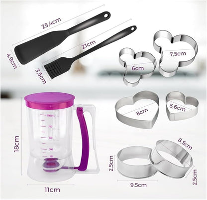 Leilanis Breadleaf Batter Dispenser for Pancakes, Waffles, Cookies, Cakes, Set 6 pcs Griddle BreakFast Kit Egg Rings and Oil Brush 4 Cup Capacity (Red)