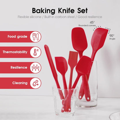 Food Grade Silicone Rubber Spatula Set for Baking, Cooking, and Mixing High Heat Resistant Non Stick Dishwasher Safe BPA-Free Multicolor Set of 6（Red）